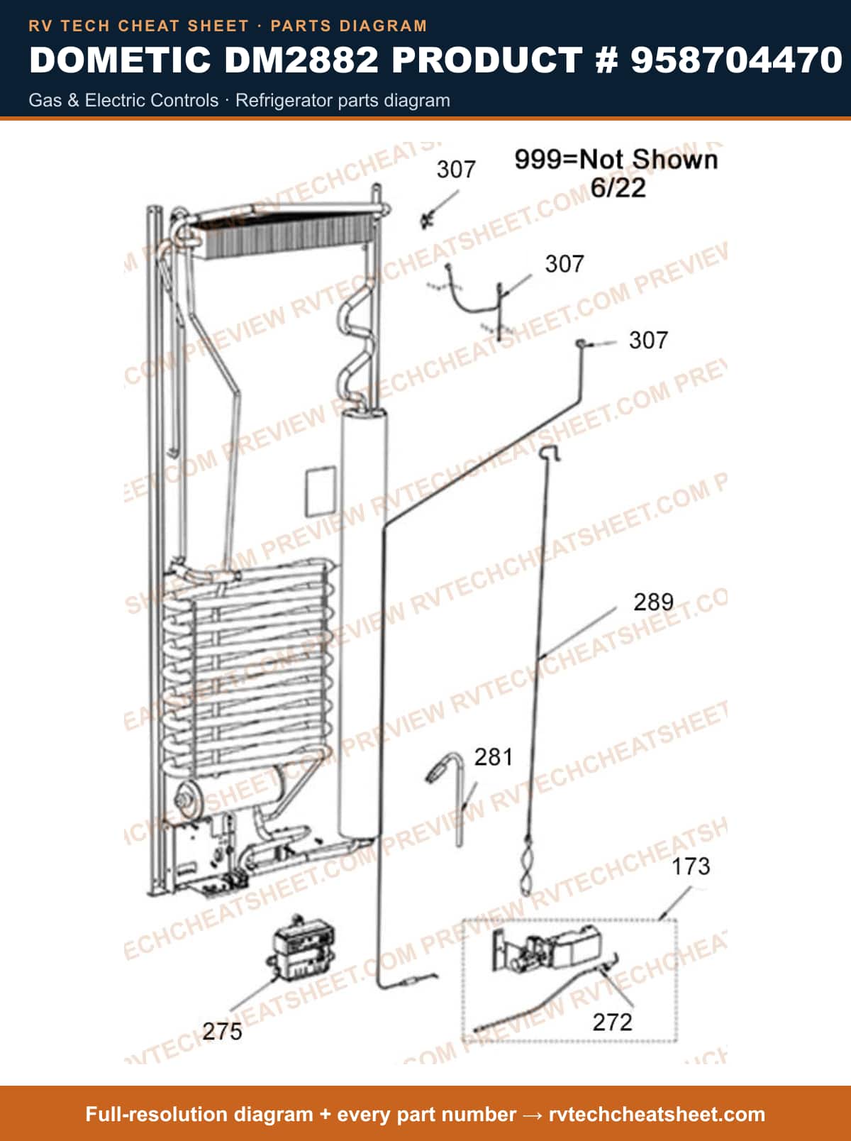 Dometic DM2882 Product # 958704470 gas & electric controls — parts list sheet