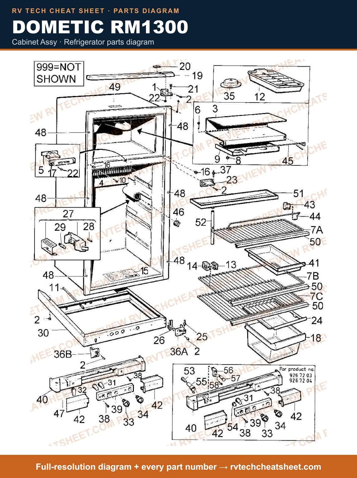 Dometic RM1300 cabinet assy — parts list sheet