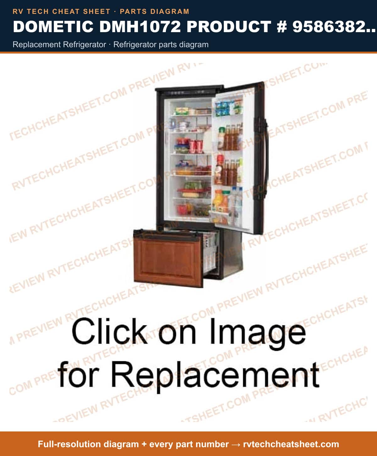 Dometic DMH1072 Product # 958638246 replacement refrigerator — parts list sheet