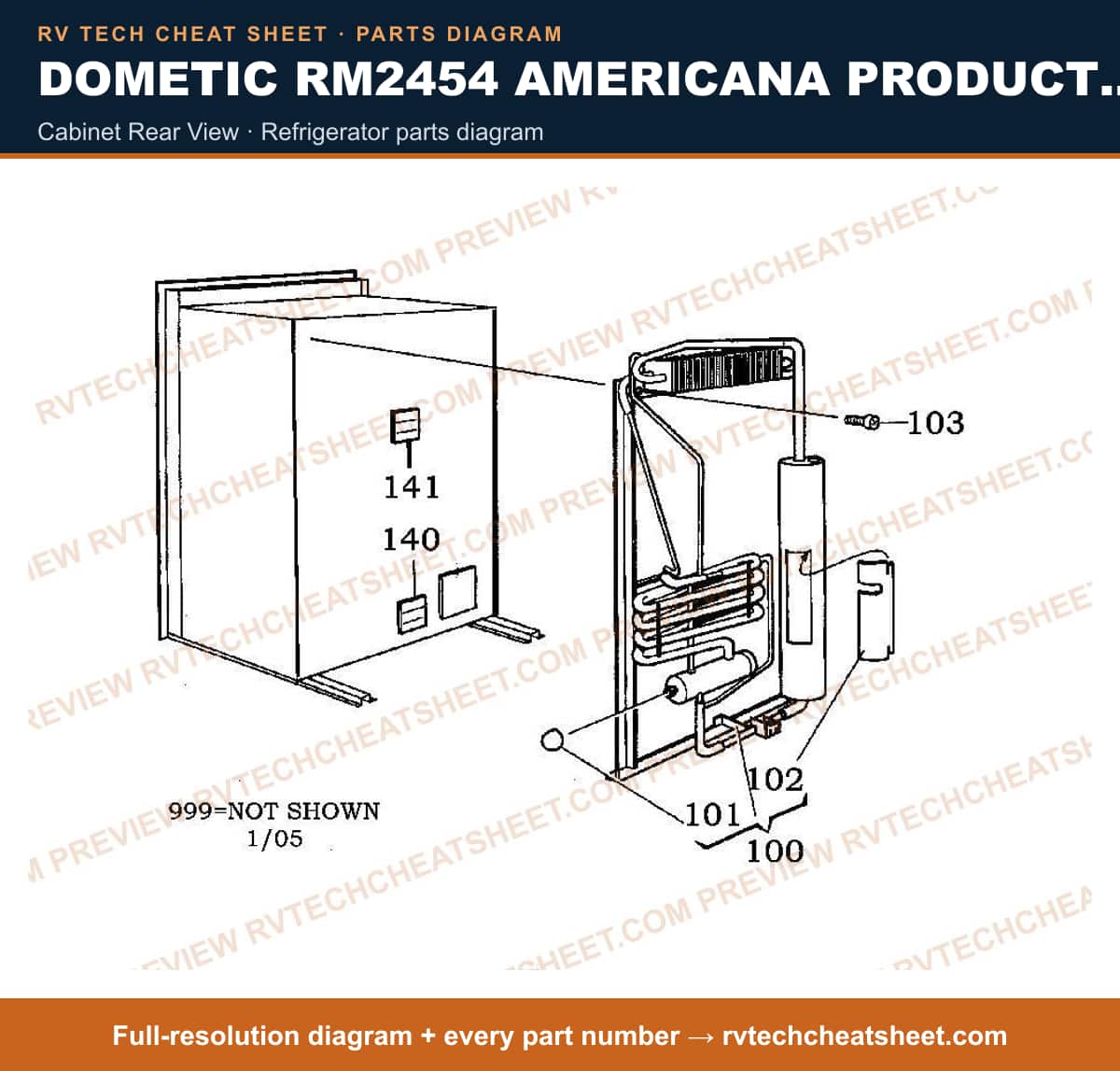 Dometic RM2454 Americana Product # 921140114 Taupe cabinet rear view — parts list sheet