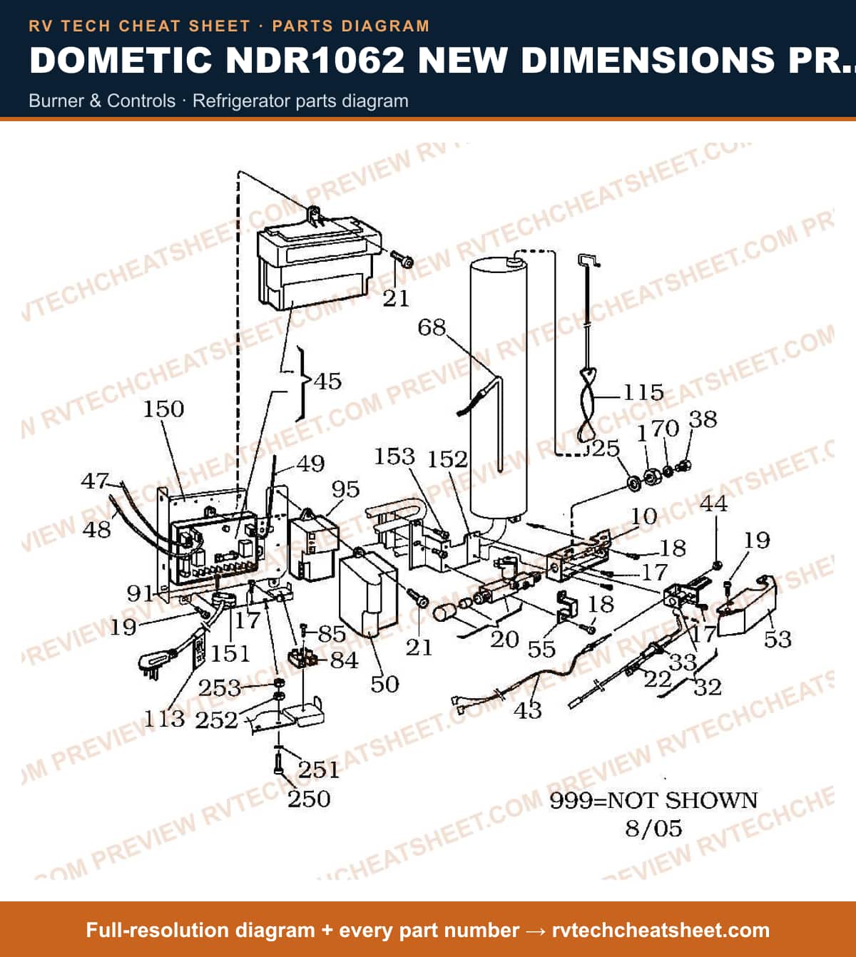 Dometic NDR1062 New Dimensions Product # 921146165 Black burner & controls — parts list sheet