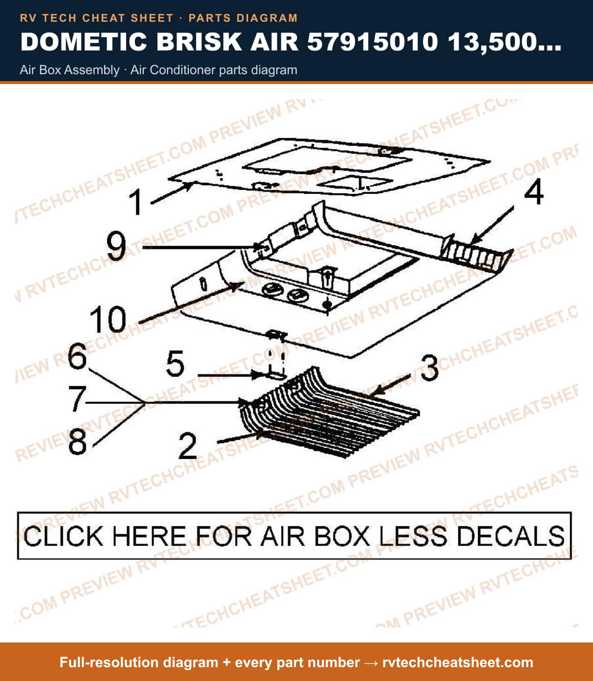 Dometic Brisk Air 57915010 13,500 BTU air box assembly — exploded parts diagram