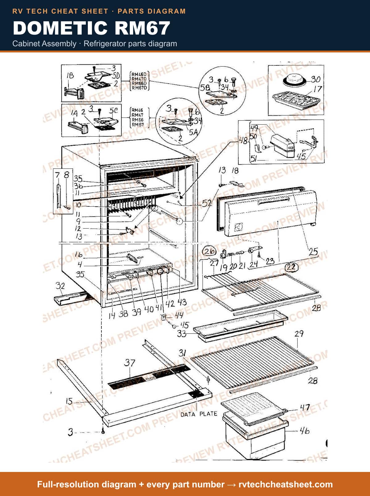 Dometic RM67 cabinet assembly — parts list sheet