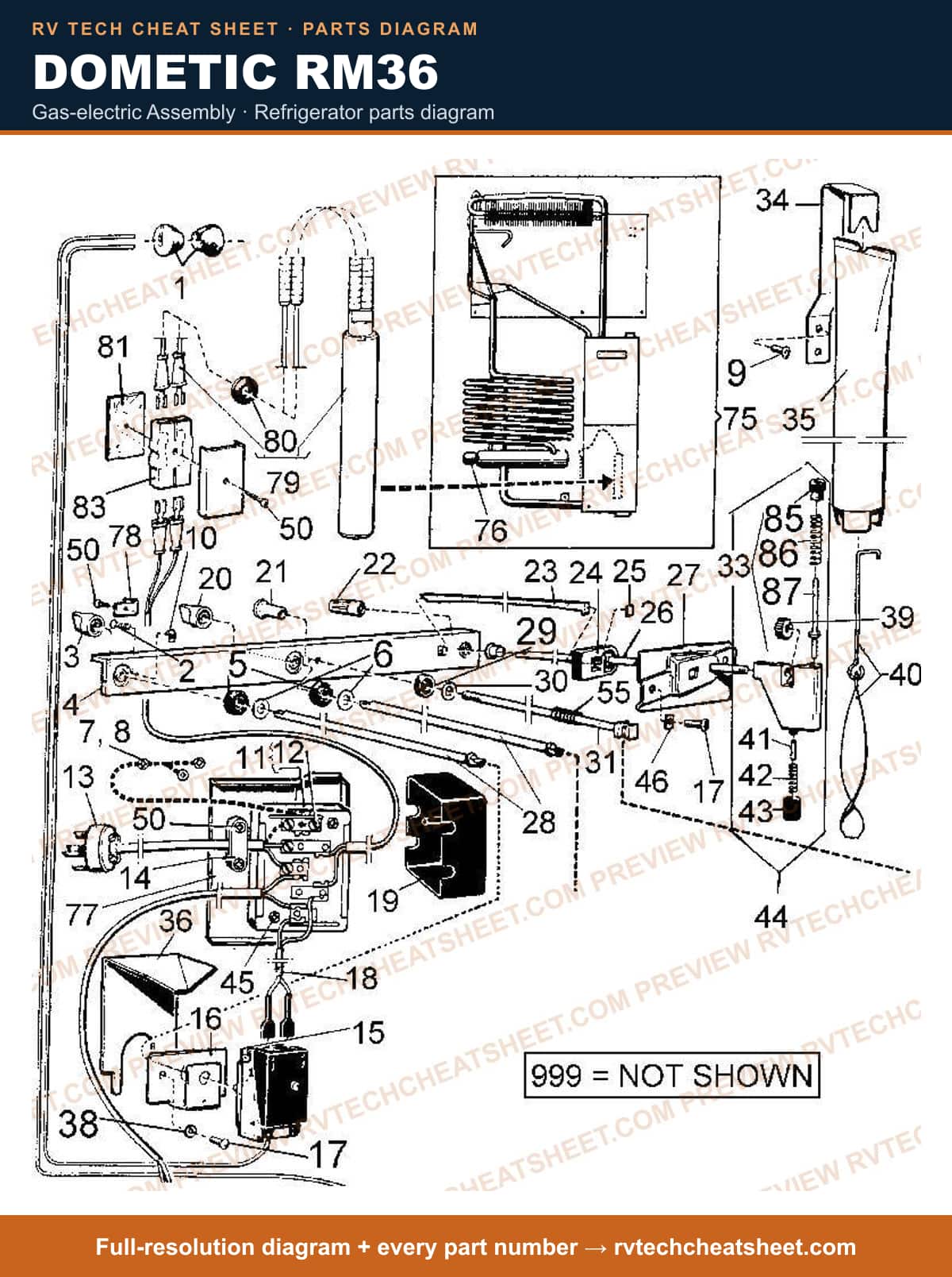 Dometic RM36 gas-electric assembly — parts list sheet