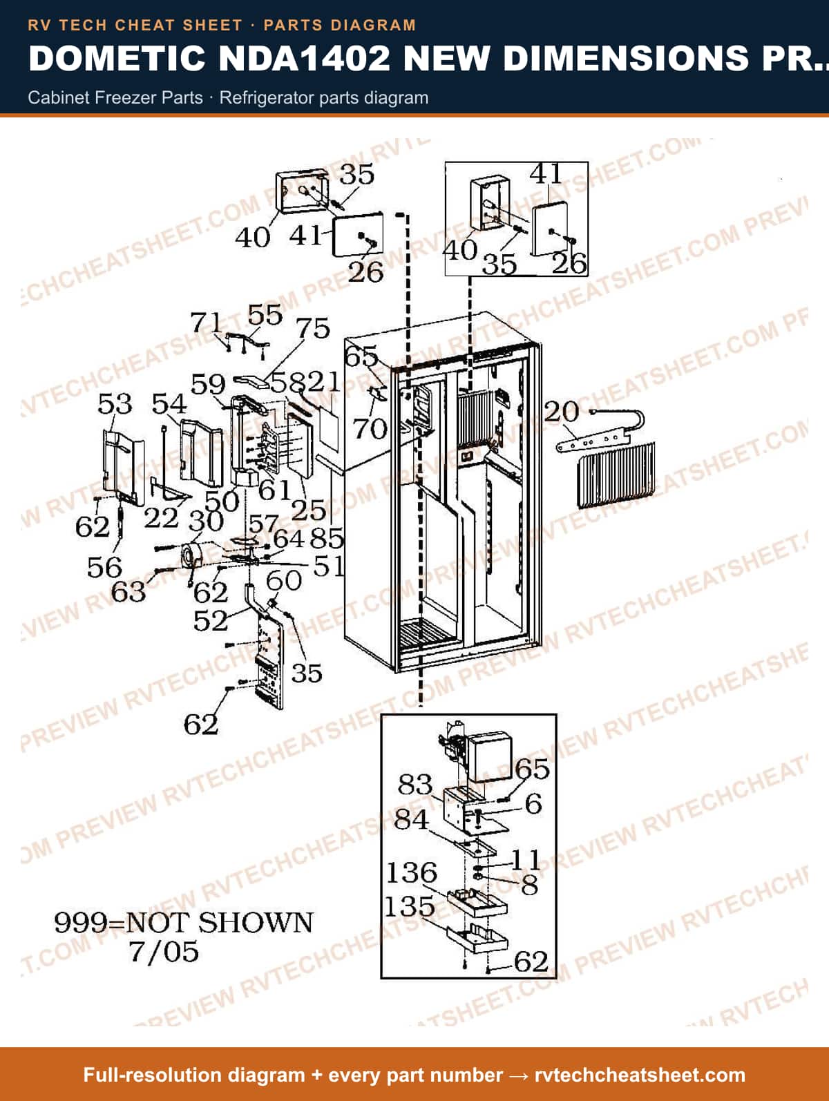 Dometic NDA1402 New Dimensions Product # 921148277 Black cabinet freezer parts — parts list sheet