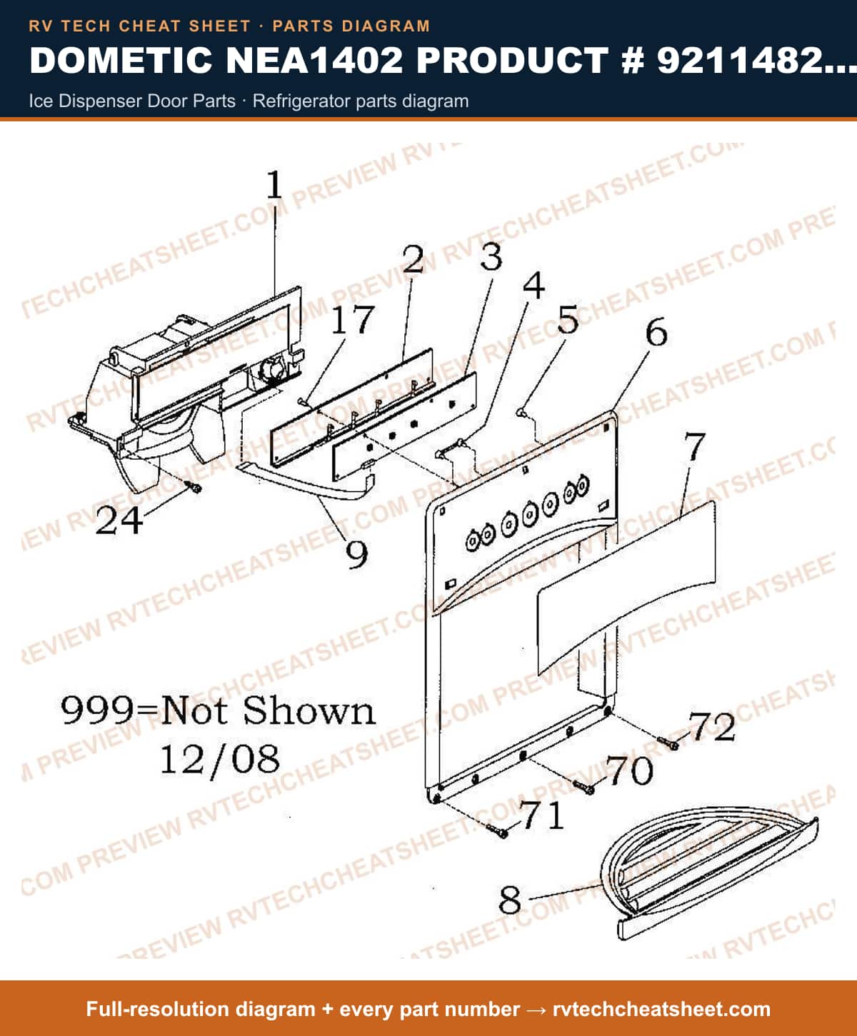 Dometic NEA1402 Product # 921148281 ice dispenser door parts — parts list sheet