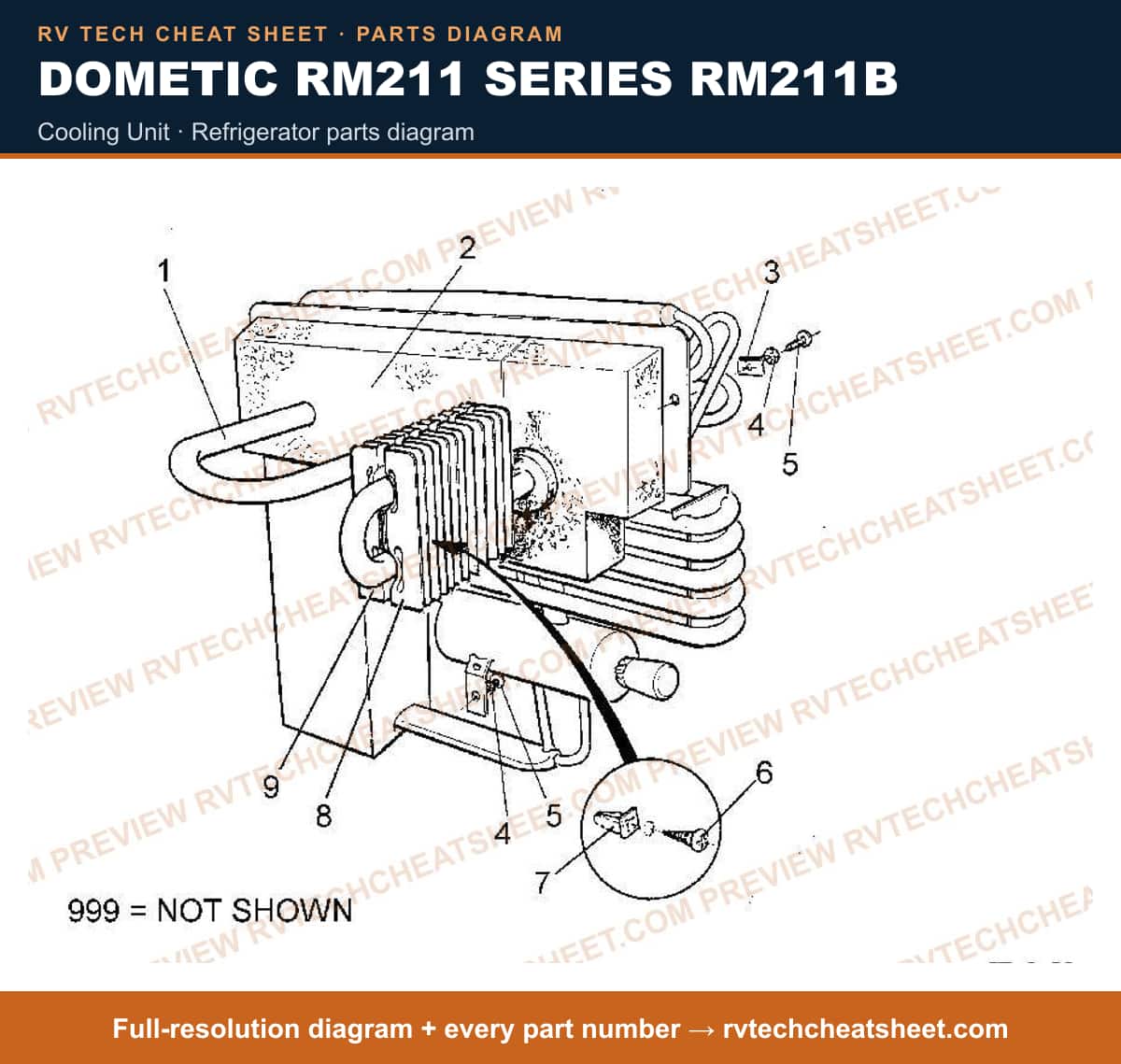 Dometic RM211 Series RM211B cooling unit — parts list sheet
