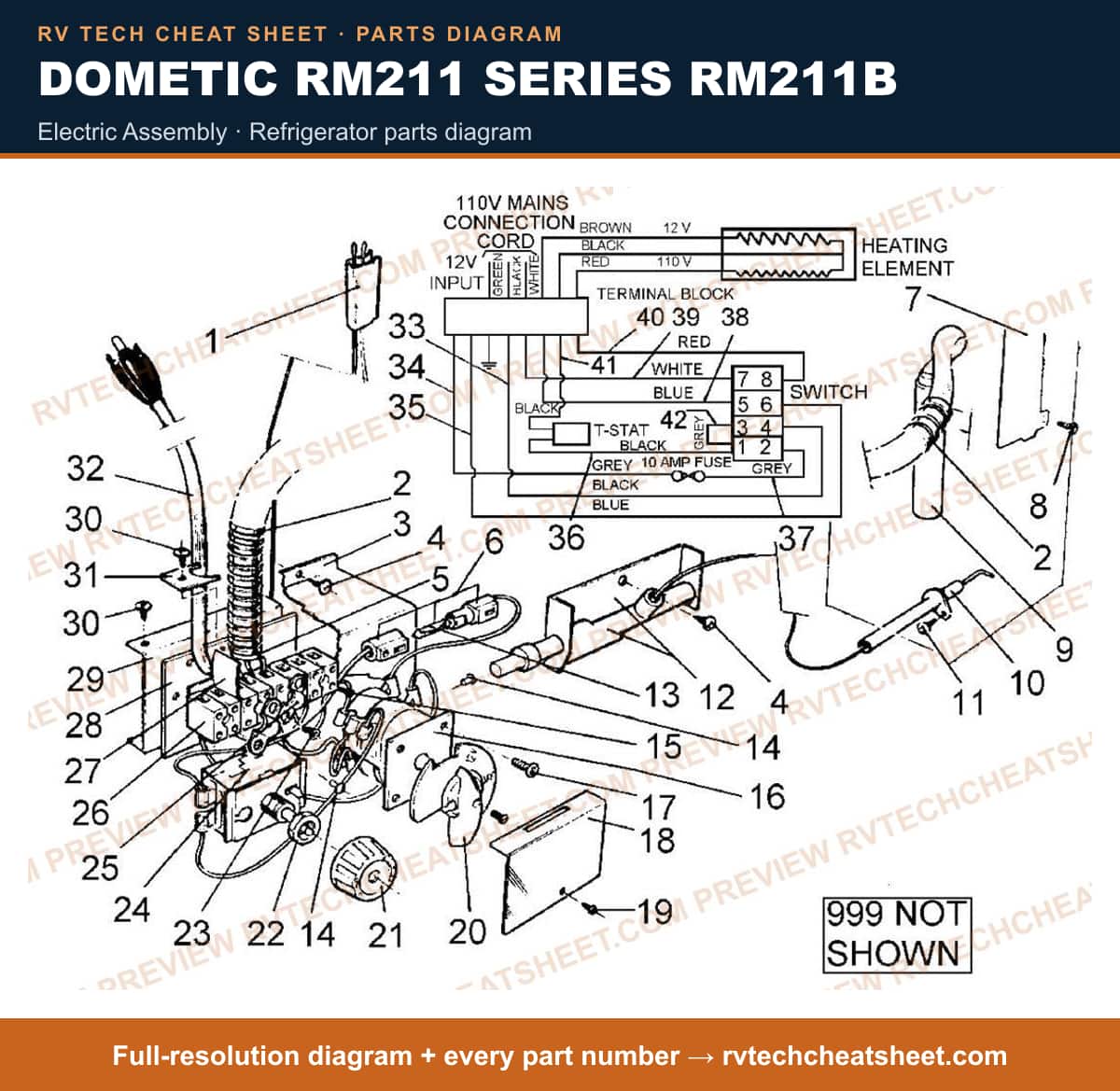 Dometic RM211 Series RM211B electric assembly — parts list sheet