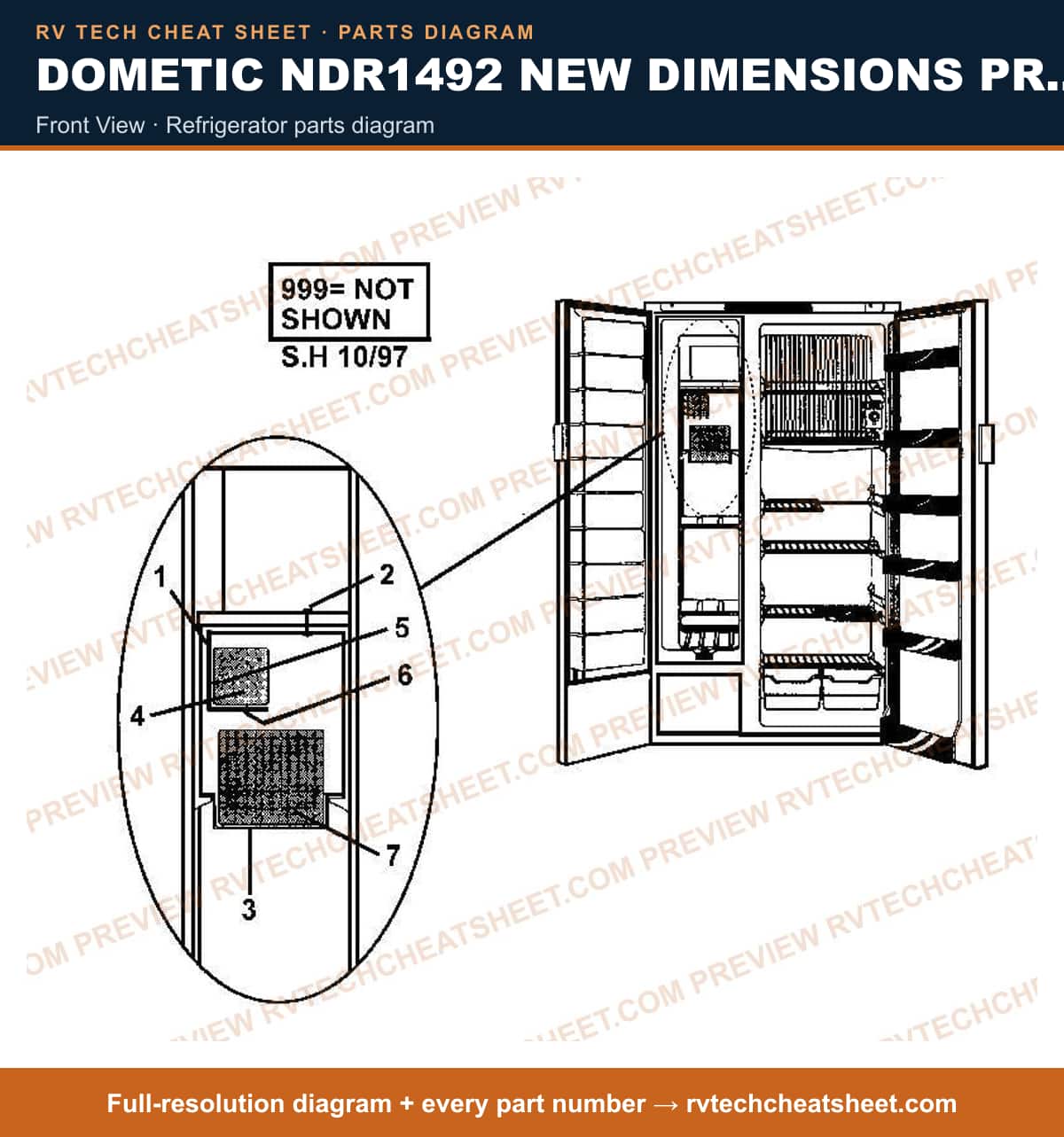 Dometic NDR1492 New Dimensions Product # 921148021 Black front view — parts list sheet