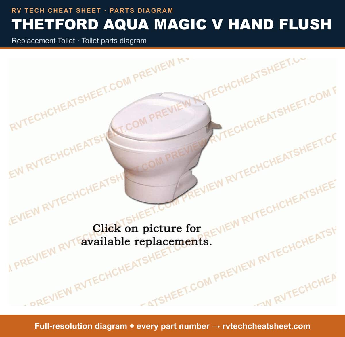 Thetford Aqua Magic V Hand Flush replacement toilet — exploded parts diagram 2 of 3
