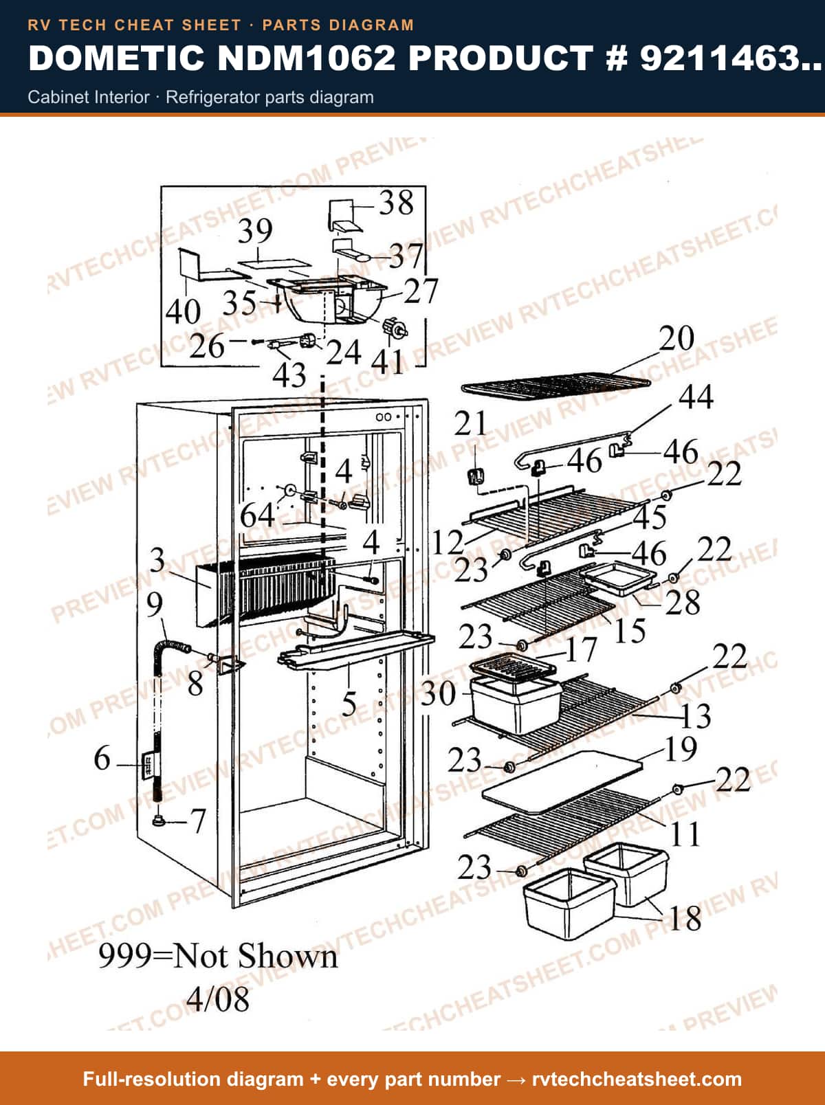 Dometic NDM1062 Product # 921146365 Black cabinet interior — parts list sheet