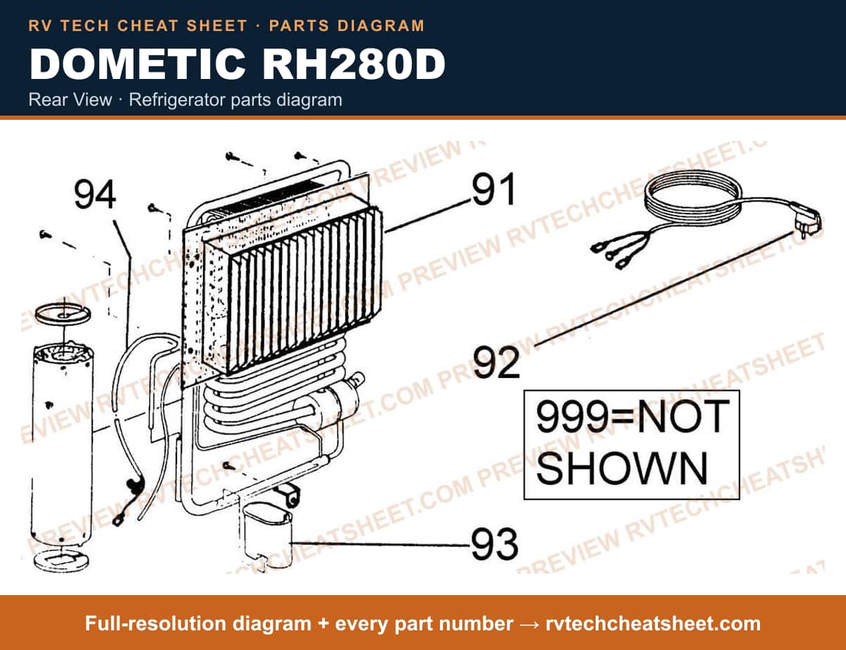 Dometic RH280D rear view — parts list sheet