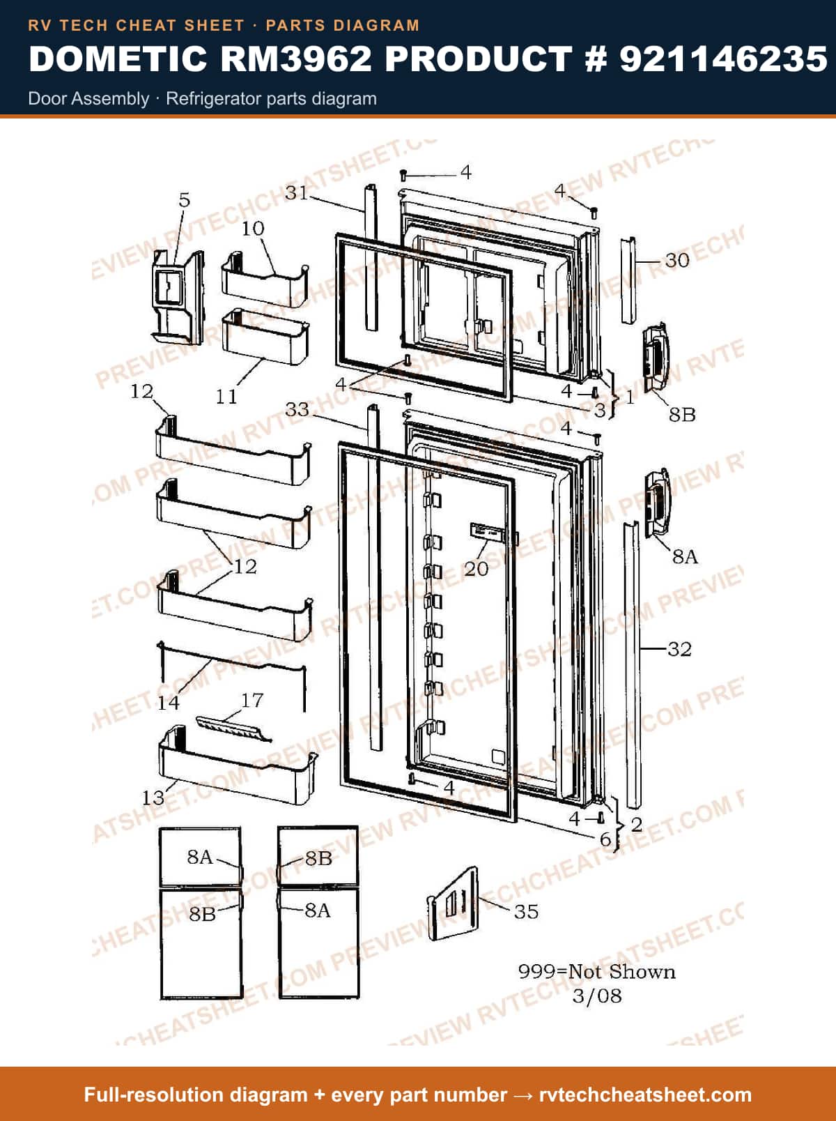 Dometic RM3962 Product # 921146235 door assembly — parts list sheet