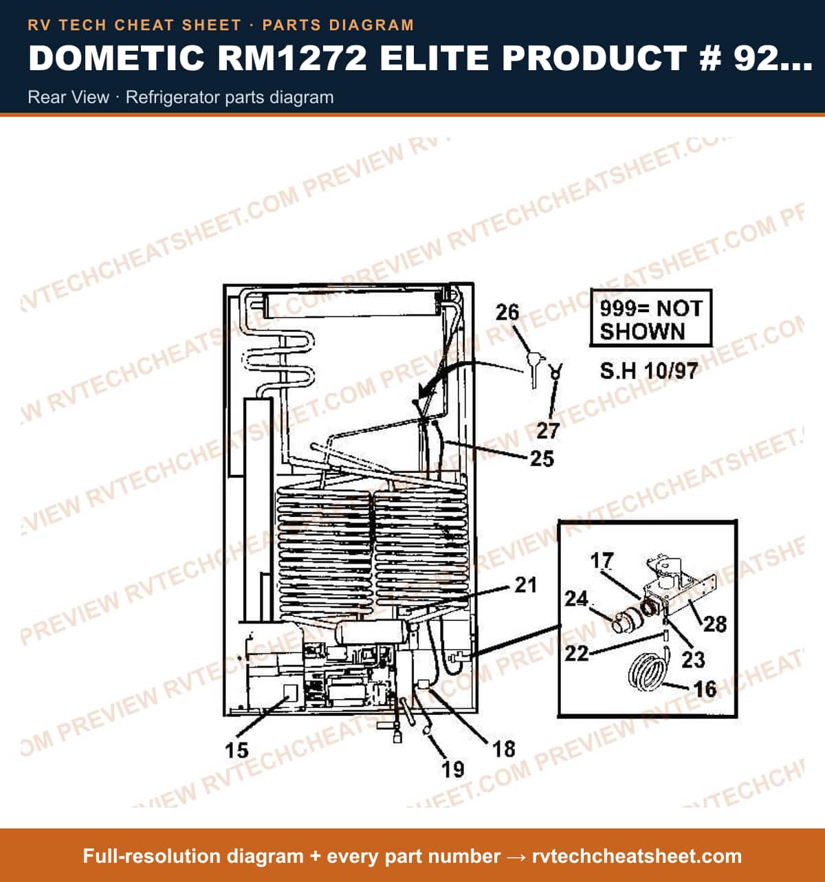 Dometic RM1272 Elite Product # 921148089 Black rear view — parts list sheet