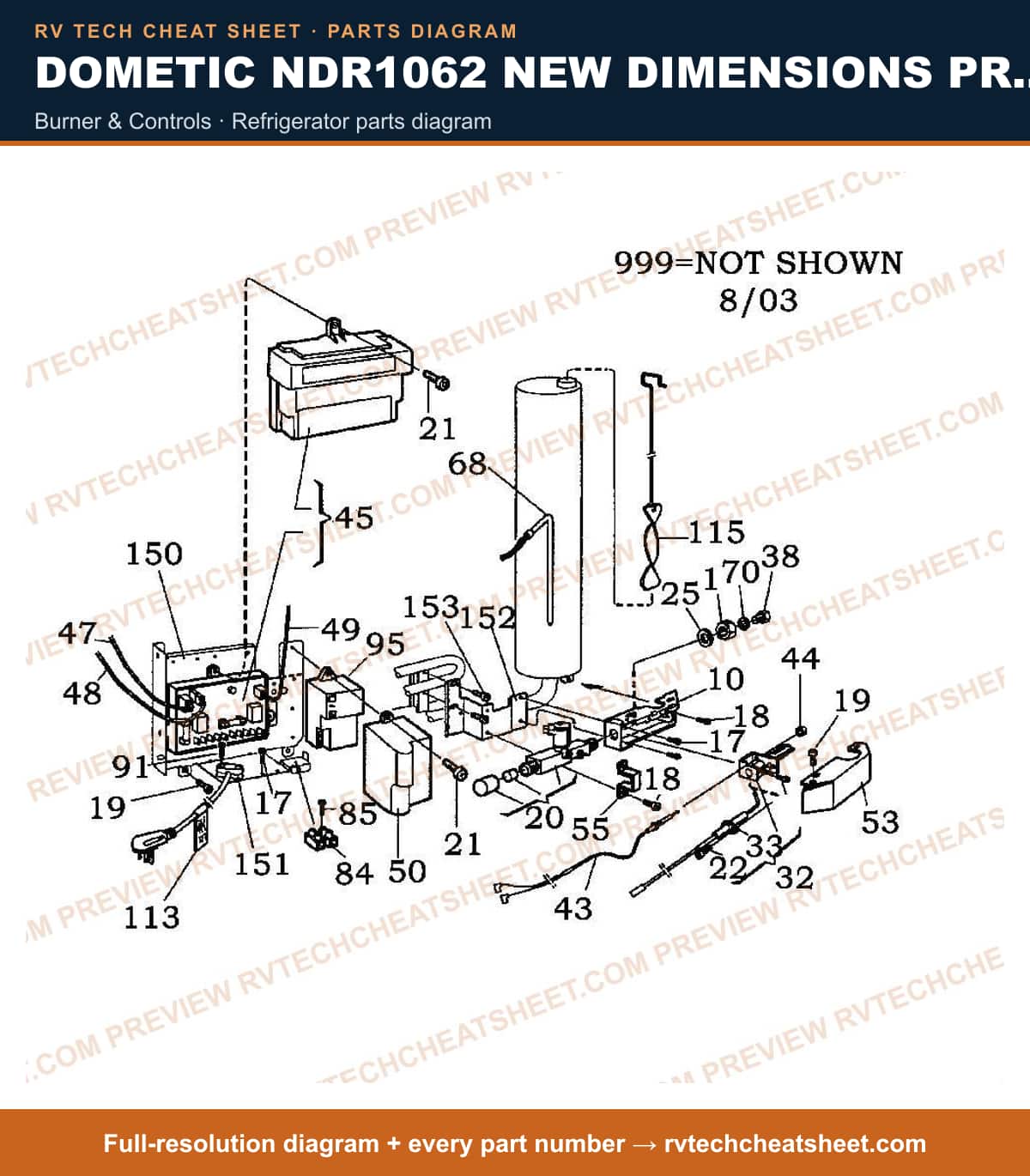 Dometic NDR1062 New Dimensions Product # 921146144 (stnls) burner & controls — parts list sheet
