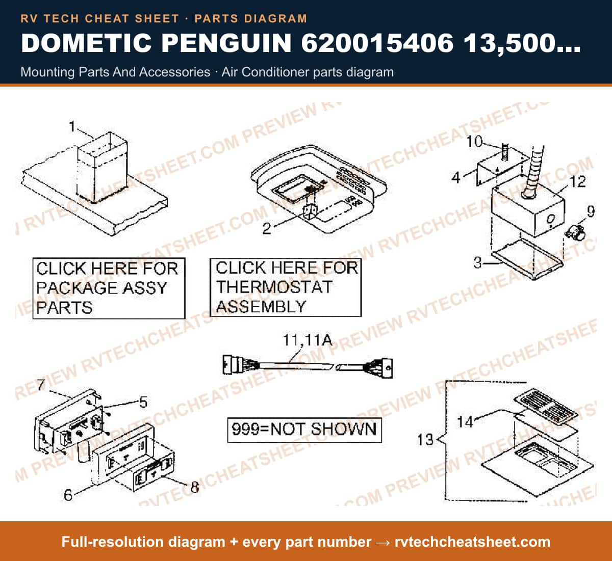 Dometic Penguin 620015406 13,500 BTU mounting parts and accessories — parts list sheet