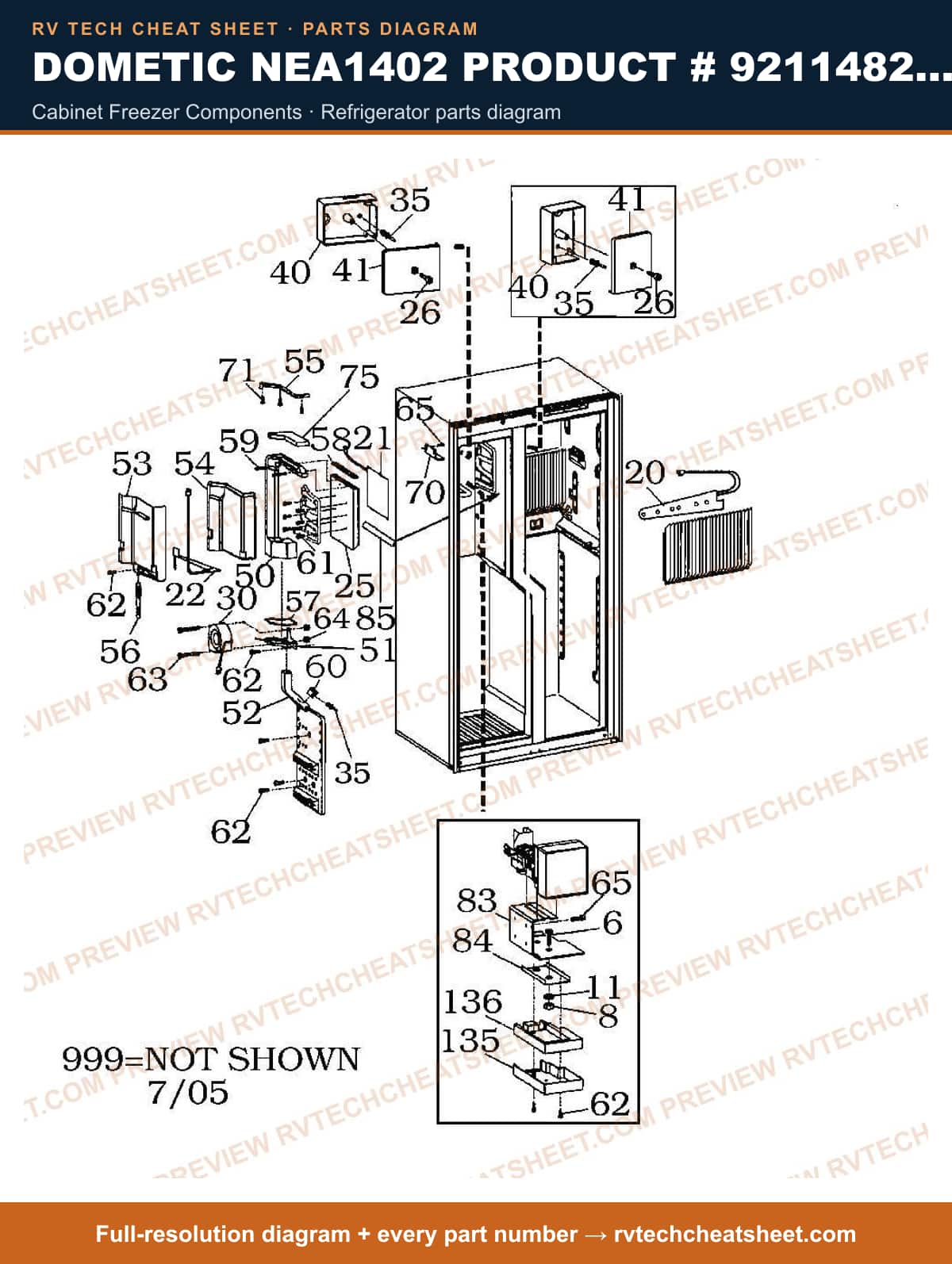 Dometic NEA1402 Product # 921148252 cabinet freezer components — parts list sheet