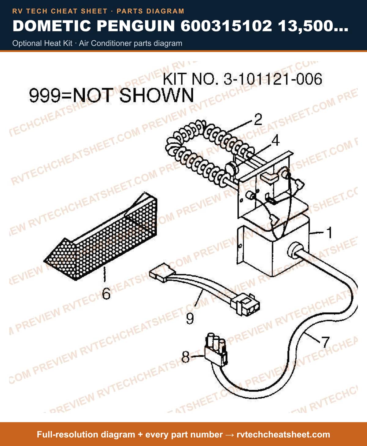 Dometic Penguin 600315102 13,500 BTU optional heat kit — parts list sheet