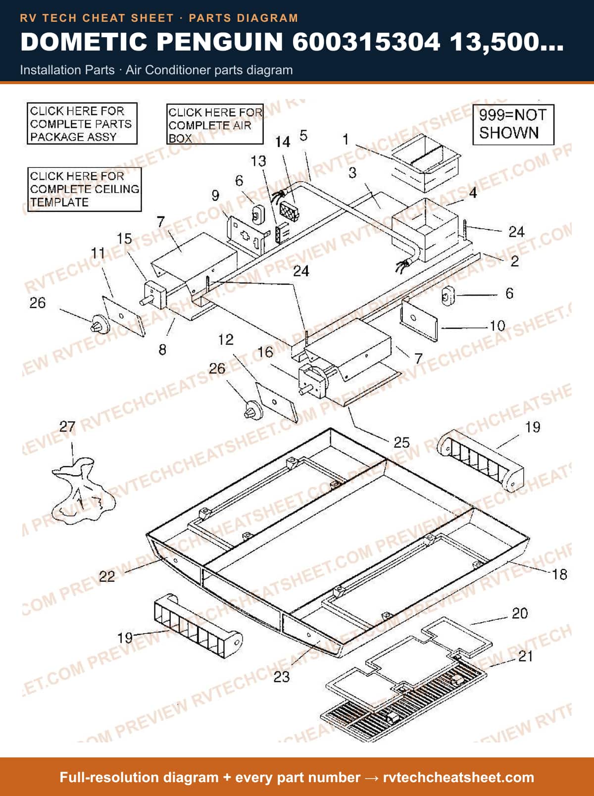 Dometic Penguin 600315304 13,500 BTU installation parts — parts list sheet