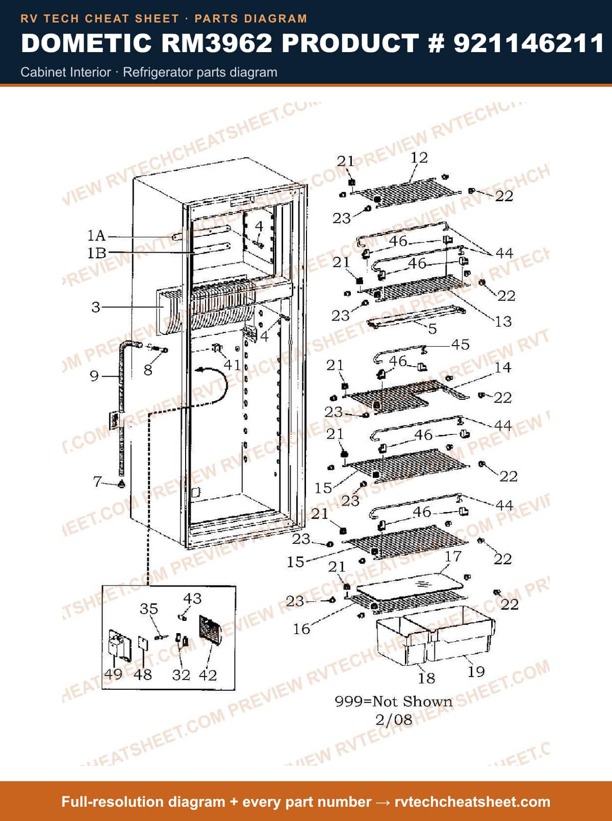 Dometic RM3962 Product # 921146211 cabinet interior — parts list sheet