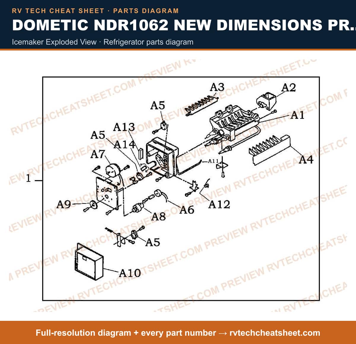 Dometic NDR1062 New Dimensions Product # 921146165 Black icemaker exploded view — parts list sheet