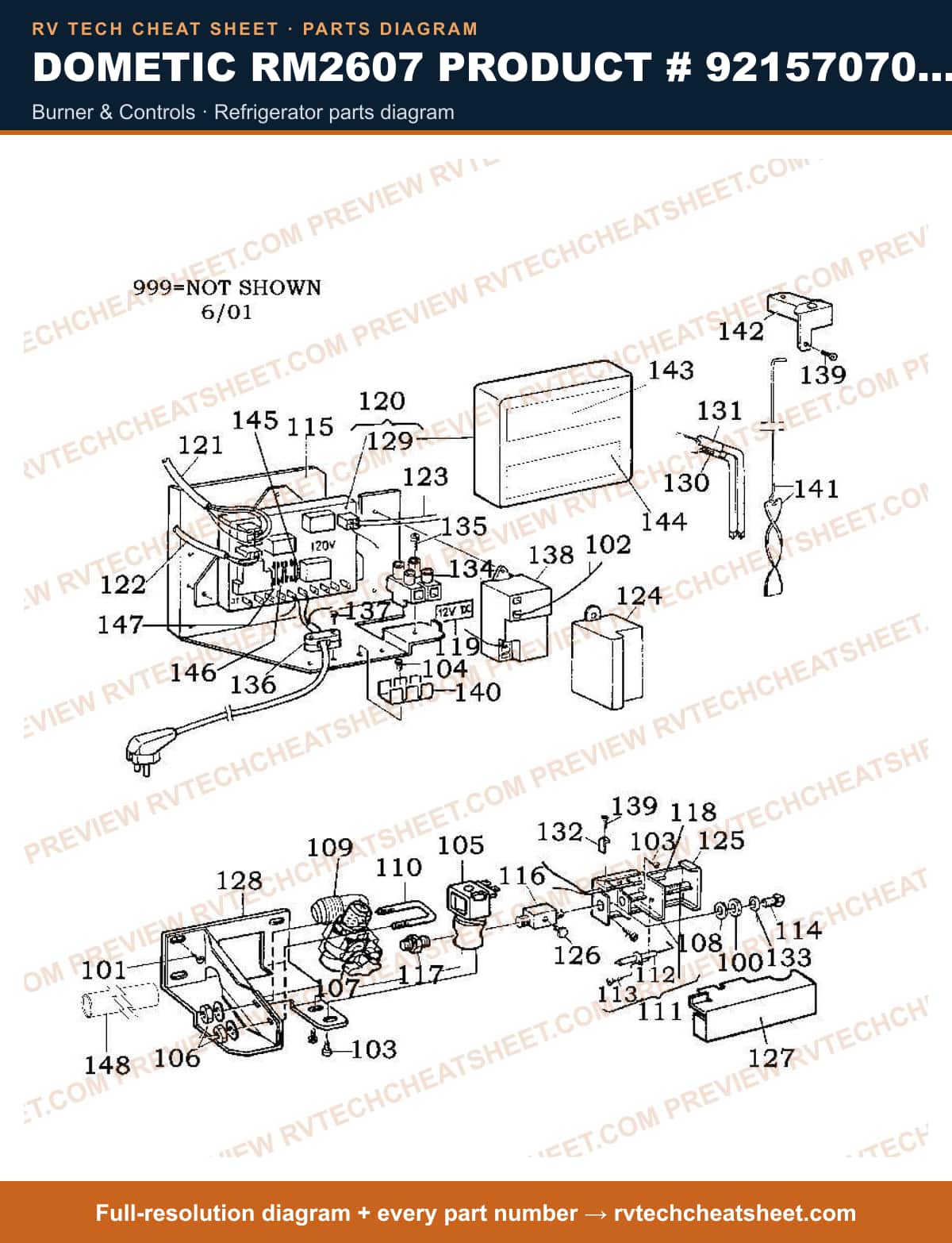Dometic RM2607 Product # 921570701 2-WAY burner & controls — parts list sheet