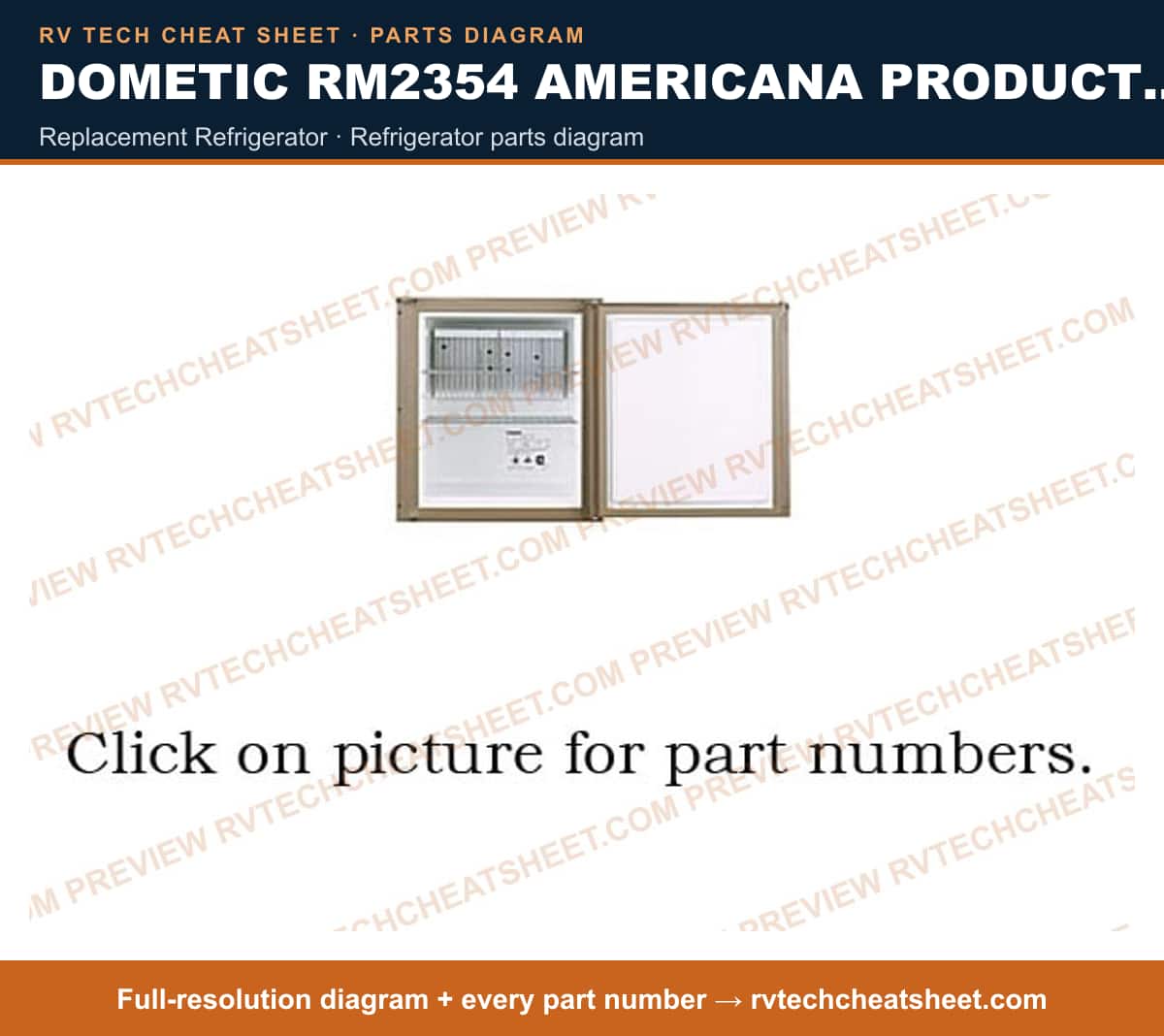 Dometic RM2354 Americana Product # 921145027 Taupe replacement refrigerator — parts list sheet
