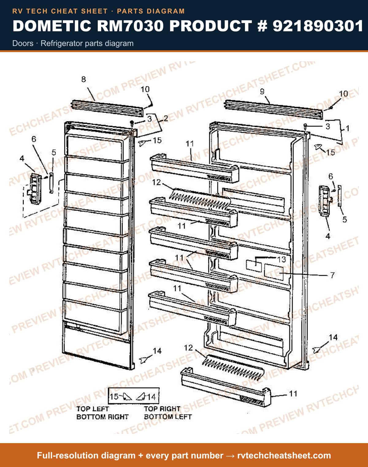 Dometic RM7030 Product # 921890301 doors — parts list sheet