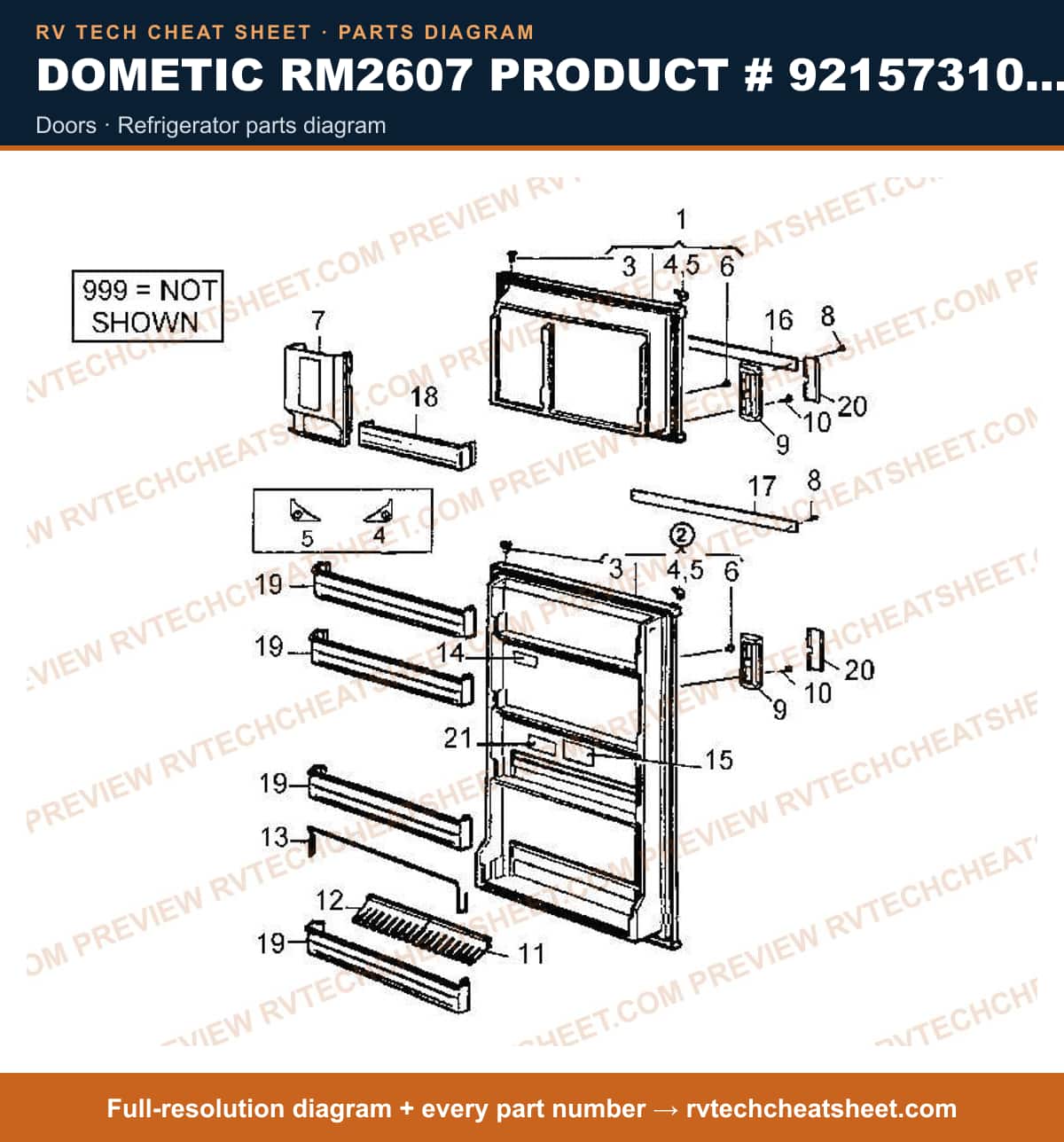 Dometic RM2607 Product # 921573101 2-WAY doors — parts list sheet