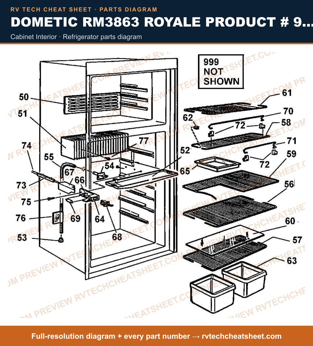 Dometic RM3863 Royale Product # 921146010 Beige cabinet interior — parts list sheet