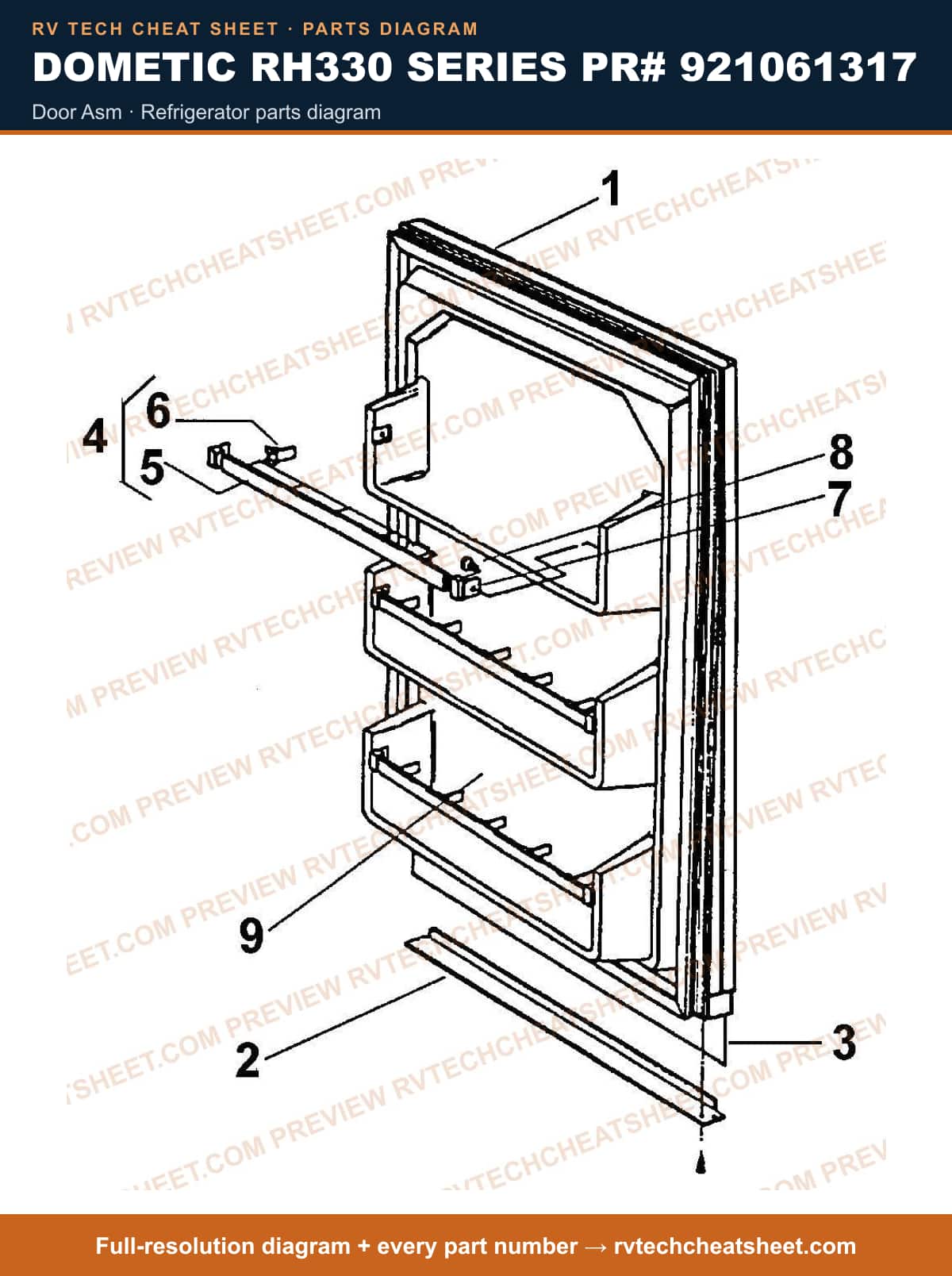 Dometic RH330 Series PR# 921061317 door asm — parts list sheet