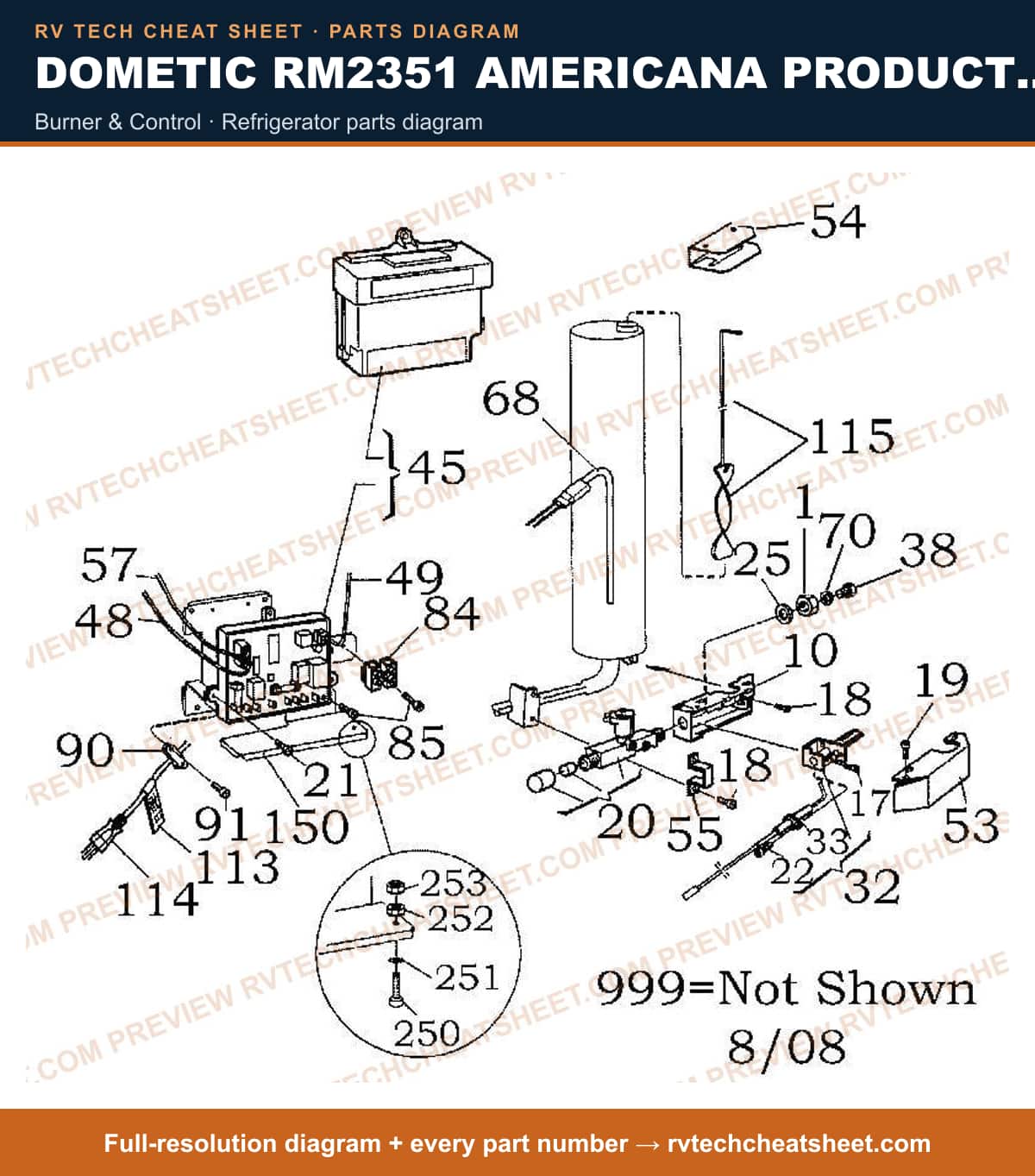 Dometic RM2351 Americana Product # 921145039 Black burner & control — parts list sheet