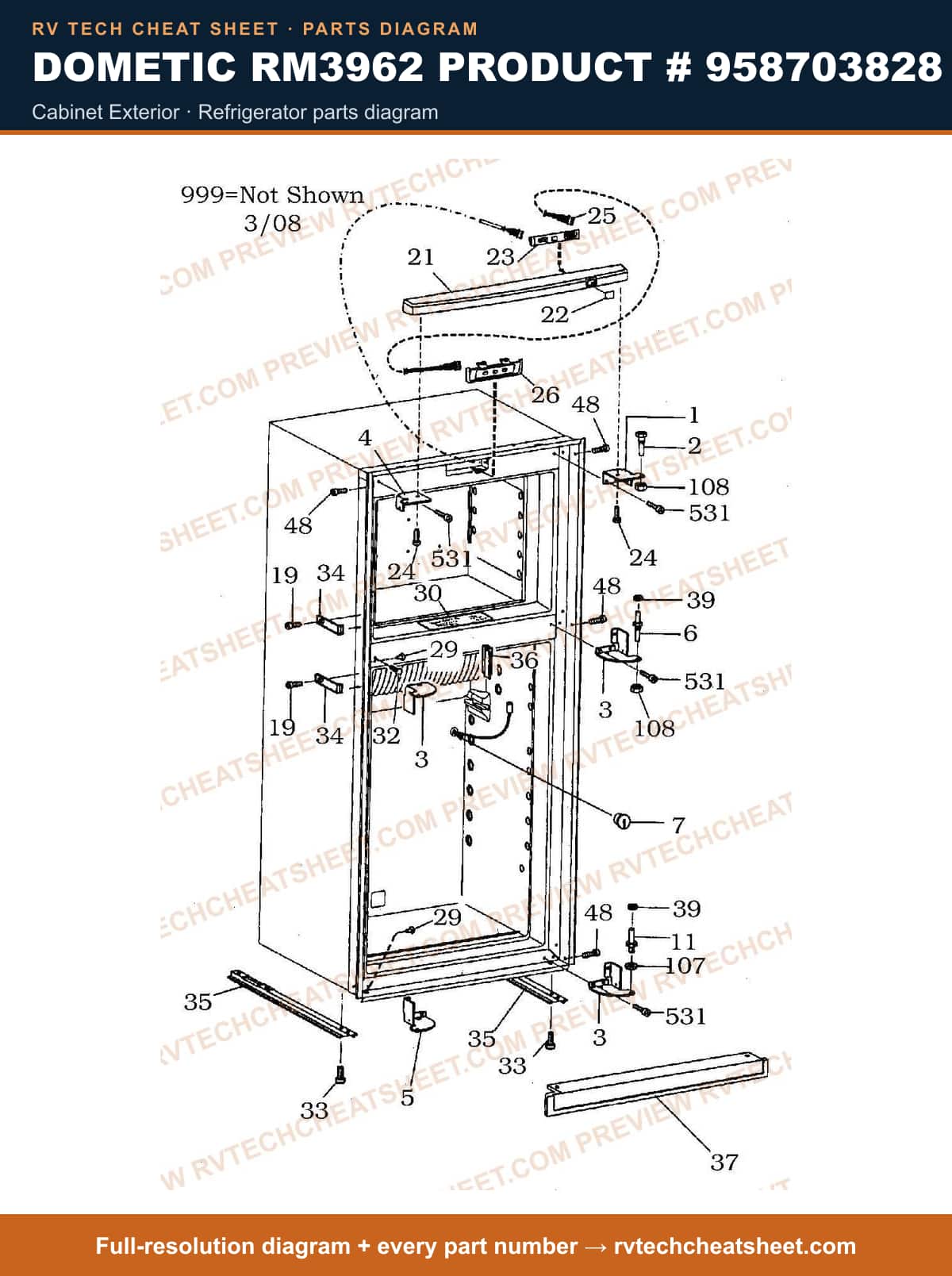 Dometic RM3962 Product # 958703828 cabinet exterior — parts list sheet