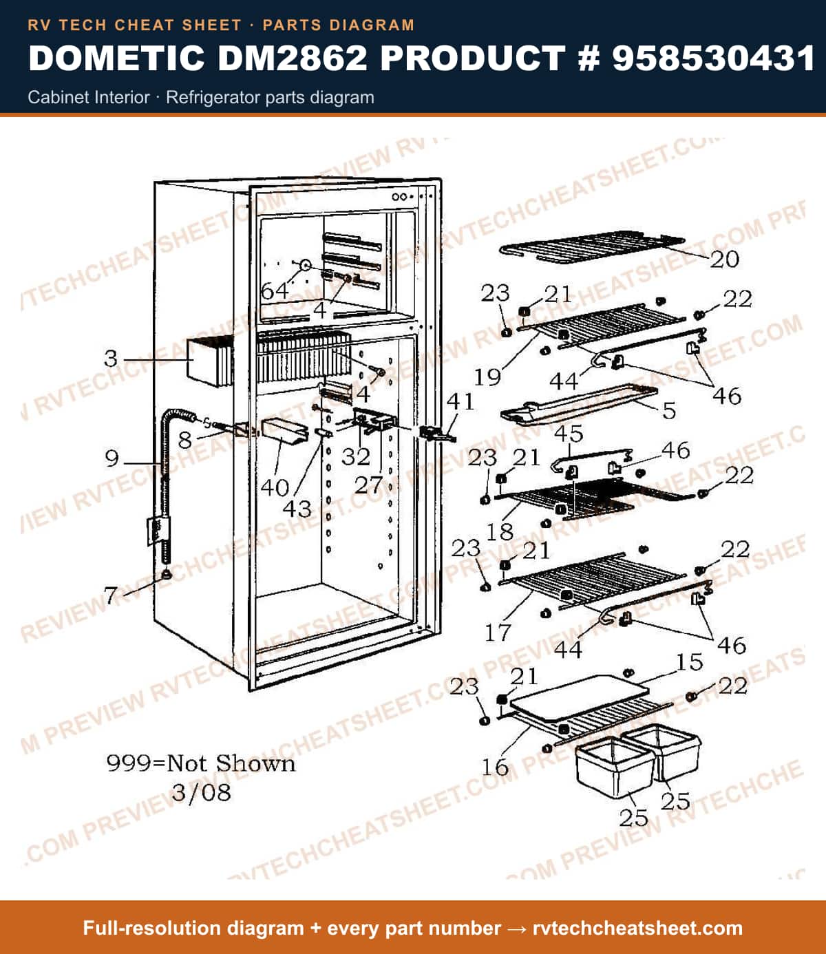 Dometic DM2862 Product # 958530431 cabinet interior — parts list sheet