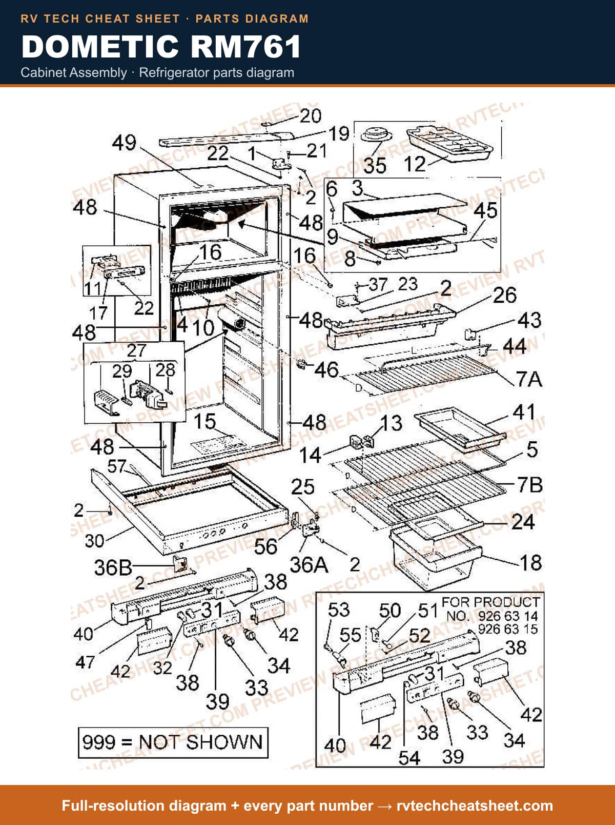 Dometic RM761 cabinet assembly — parts list sheet