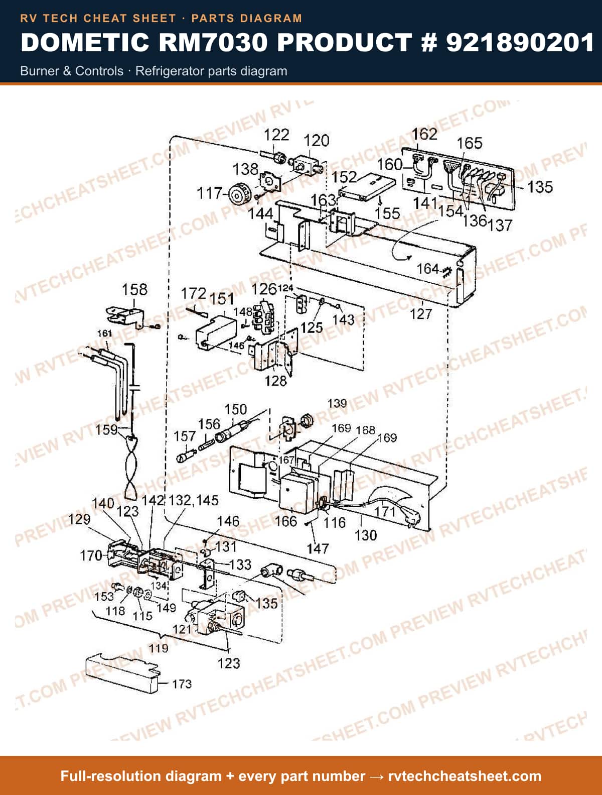 Dometic RM7030 Product # 921890201 burner & controls — parts list sheet
