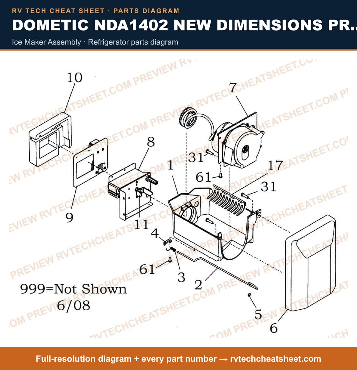 Dometic NDA1402 New Dimensions Product # 921148409 Black ice maker assembly — parts list sheet