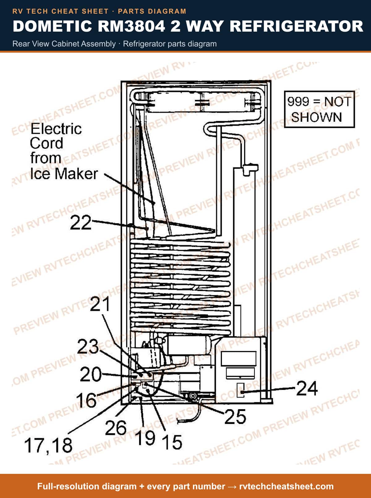Dometic RM3804 2 Way Refrigerator rear view cabinet assembly — parts list sheet