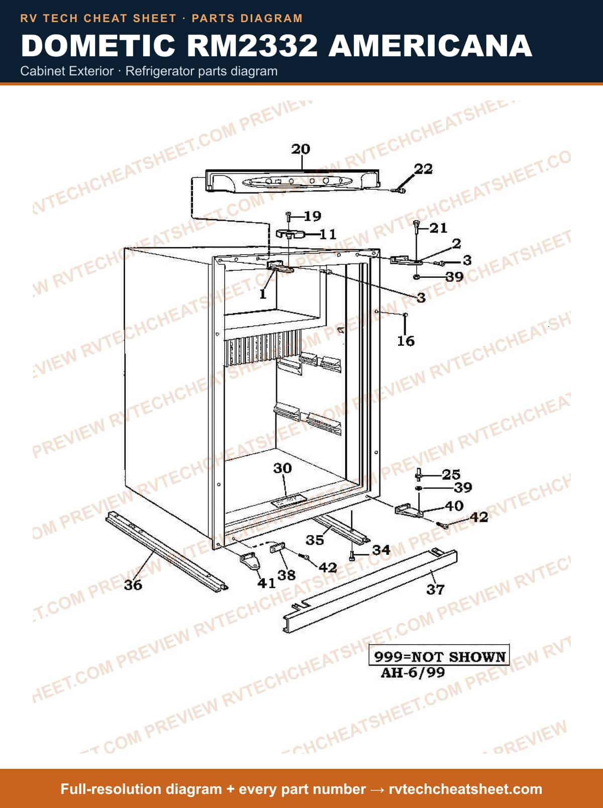 Dometic RM2332 Americana cabinet exterior — parts list sheet