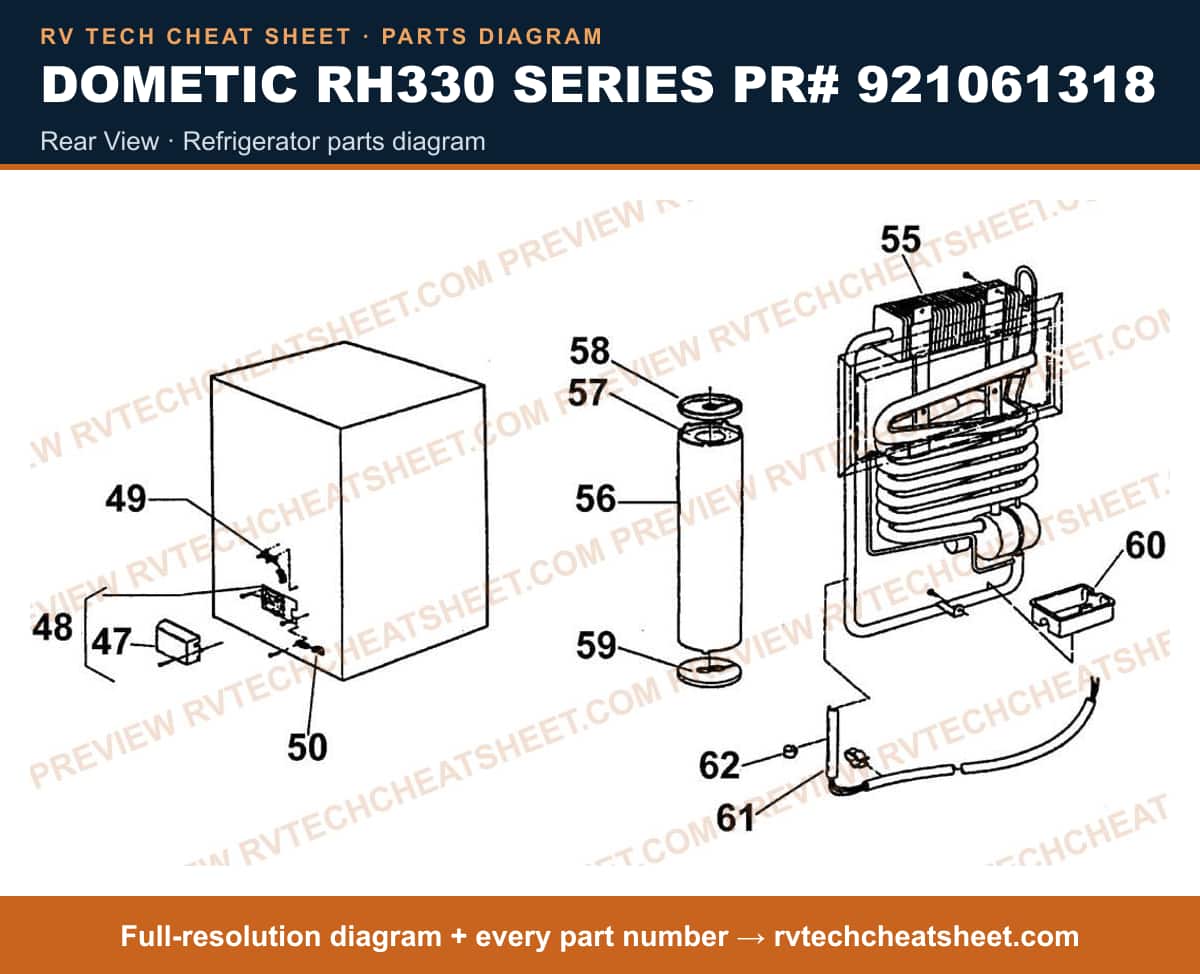 Dometic RH330 Series PR# 921061318 rear view — parts list sheet