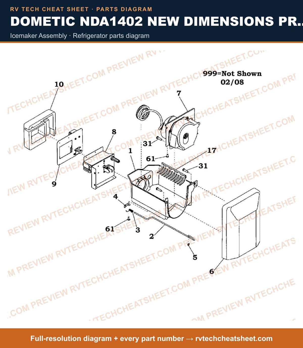 Dometic NDA1402 New Dimensions Product # 921148413 Stainless icemaker assembly — parts list sheet