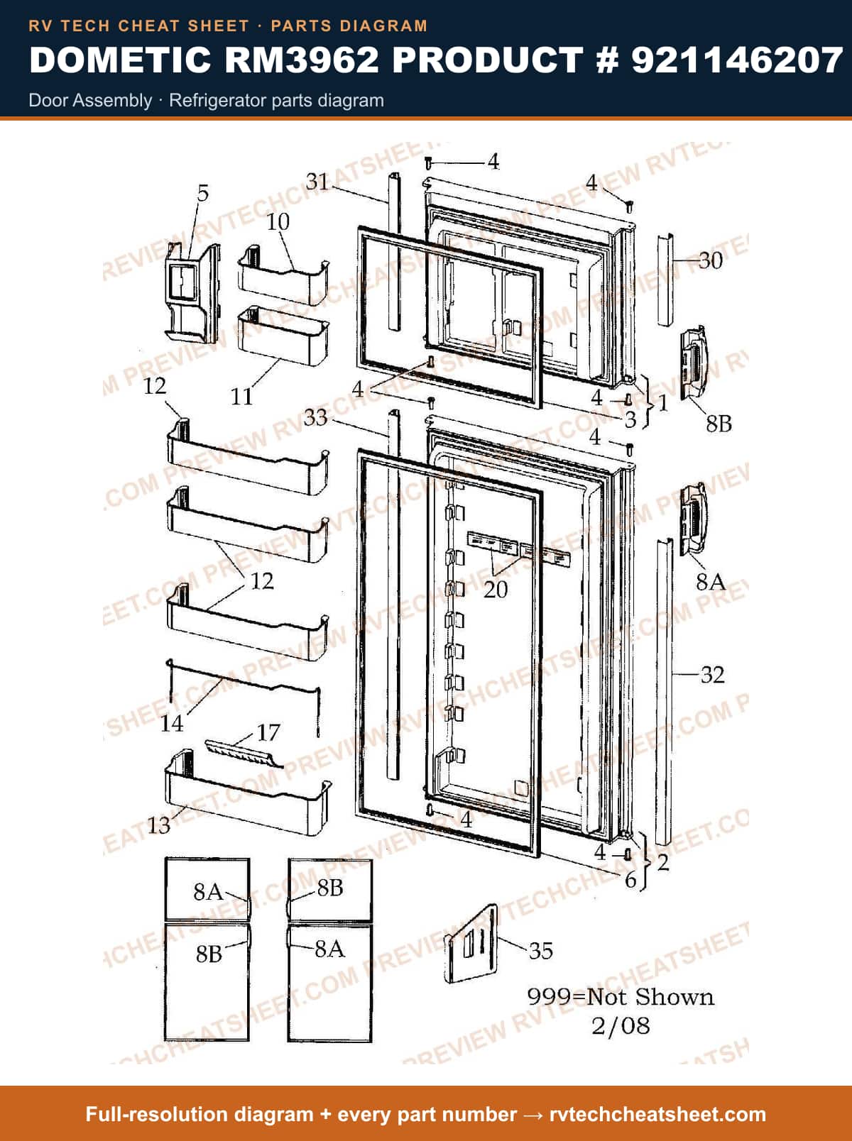 Dometic RM3962 Product # 921146207 door assembly — parts list sheet