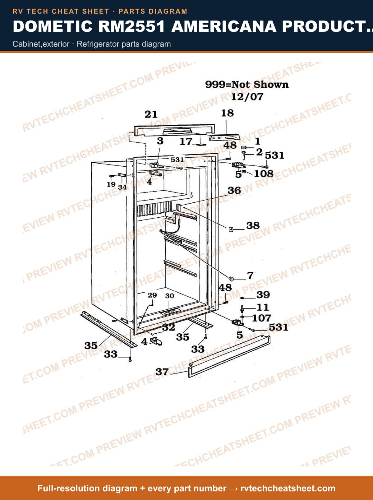Dometic RM2551 Americana Product # 921142115 Black cabinet,exterior — parts list sheet