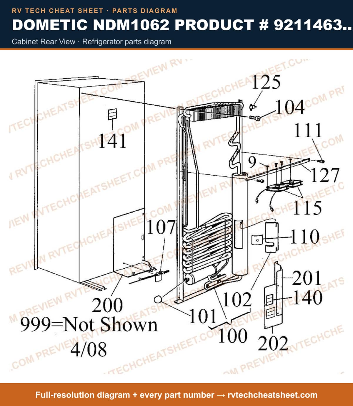 Dometic NDM1062 Product # 921146336 Black cabinet rear view — parts list sheet