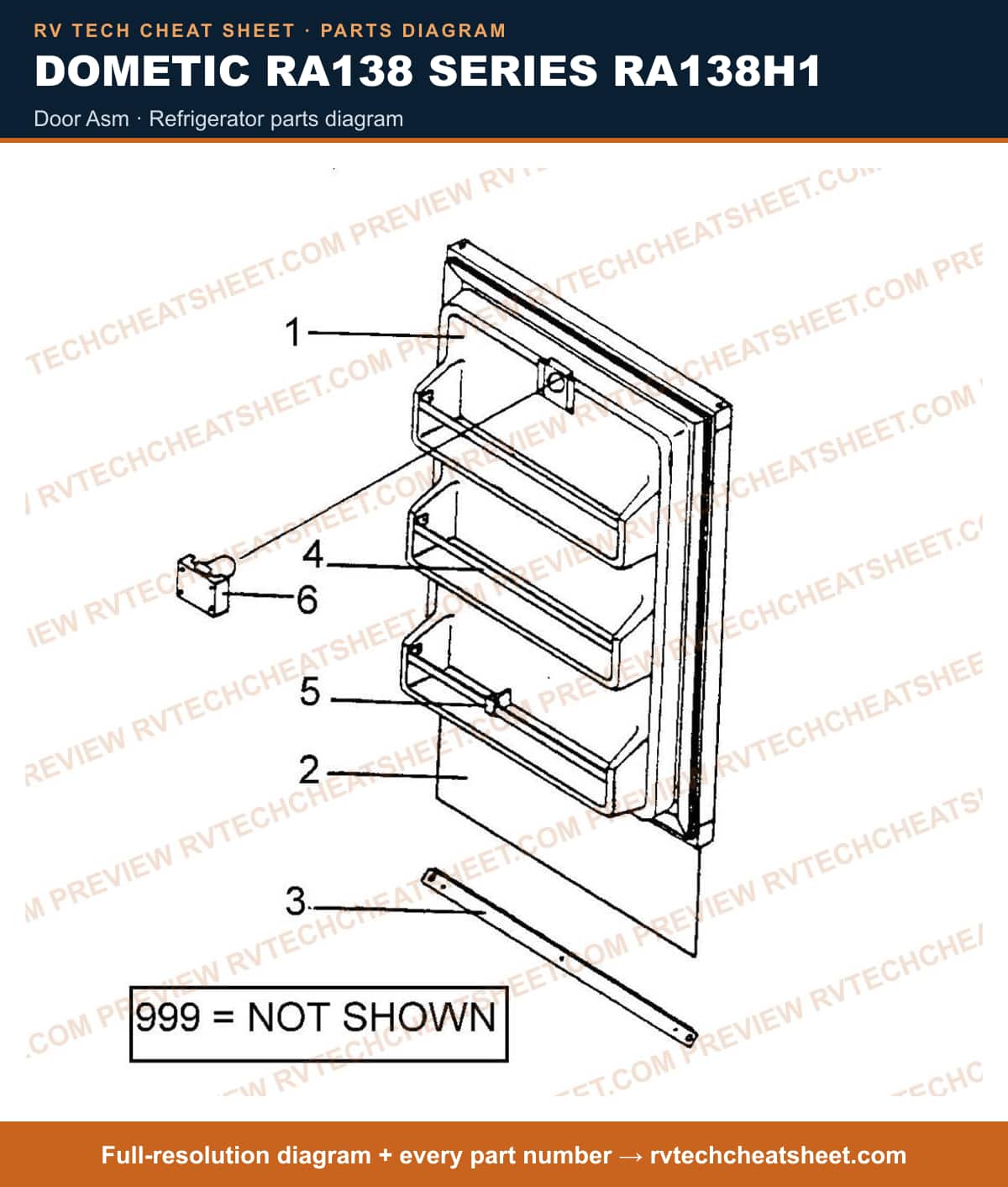 Dometic RA138 Series RA138H1 door asm — exploded parts diagram