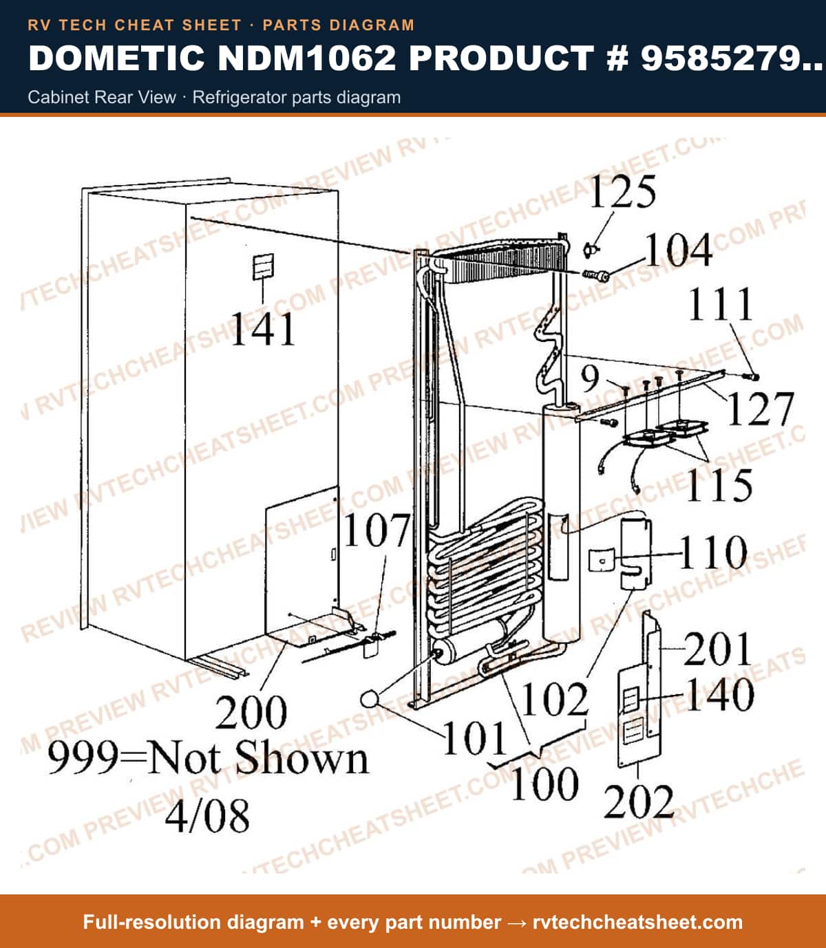Dometic NDM1062 Product # 958527913 Black cabinet rear view — parts list sheet