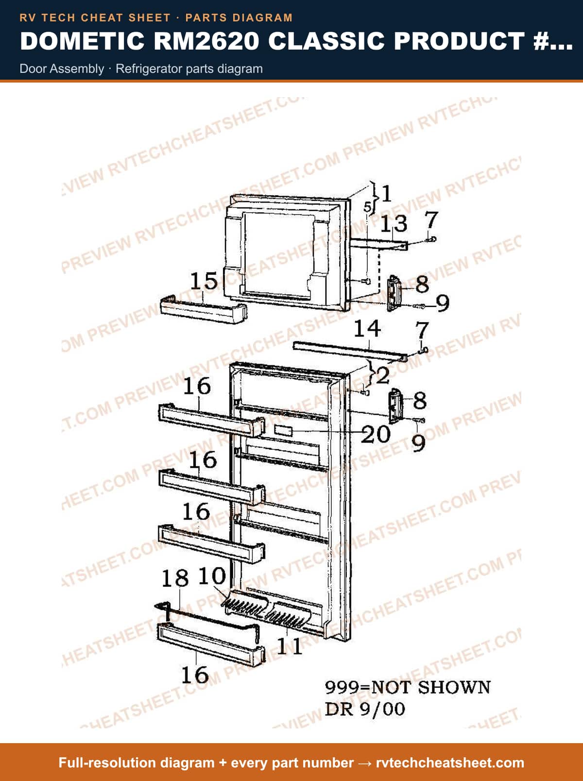 Dometic RM2620 Classic Product # 921575002 Beige door assembly — parts list sheet