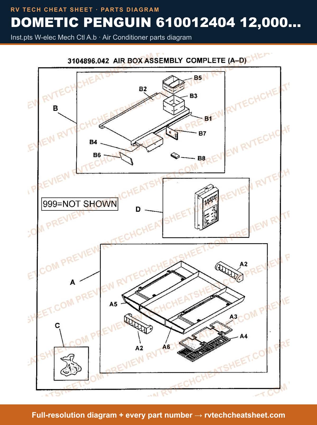Dometic Penguin 610012404 12,000 BTU inst.pts w-elec mech ctl a.b — parts list sheet