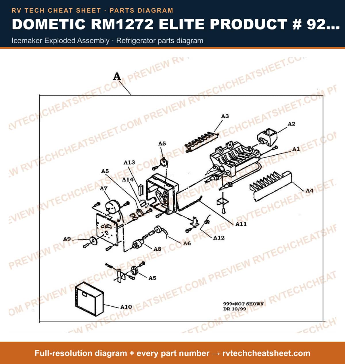 Dometic RM1272 Elite Product # 921148084 Beige icemaker exploded assembly — parts list sheet
