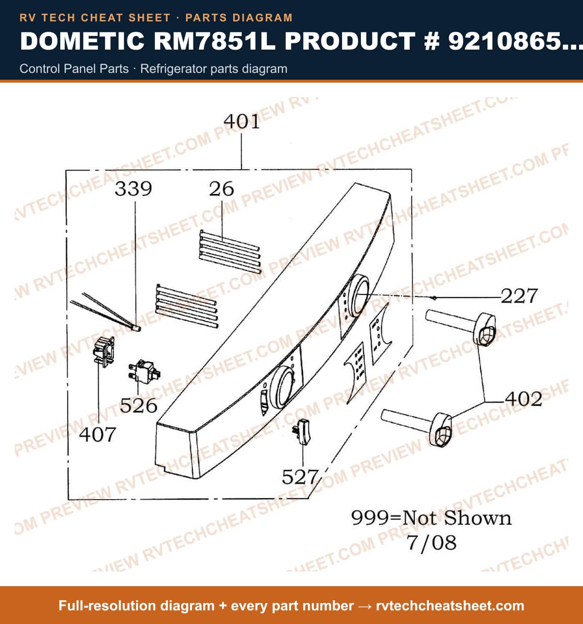 Dometic RM7851L Product # 921086558 Grey control panel parts — parts list sheet